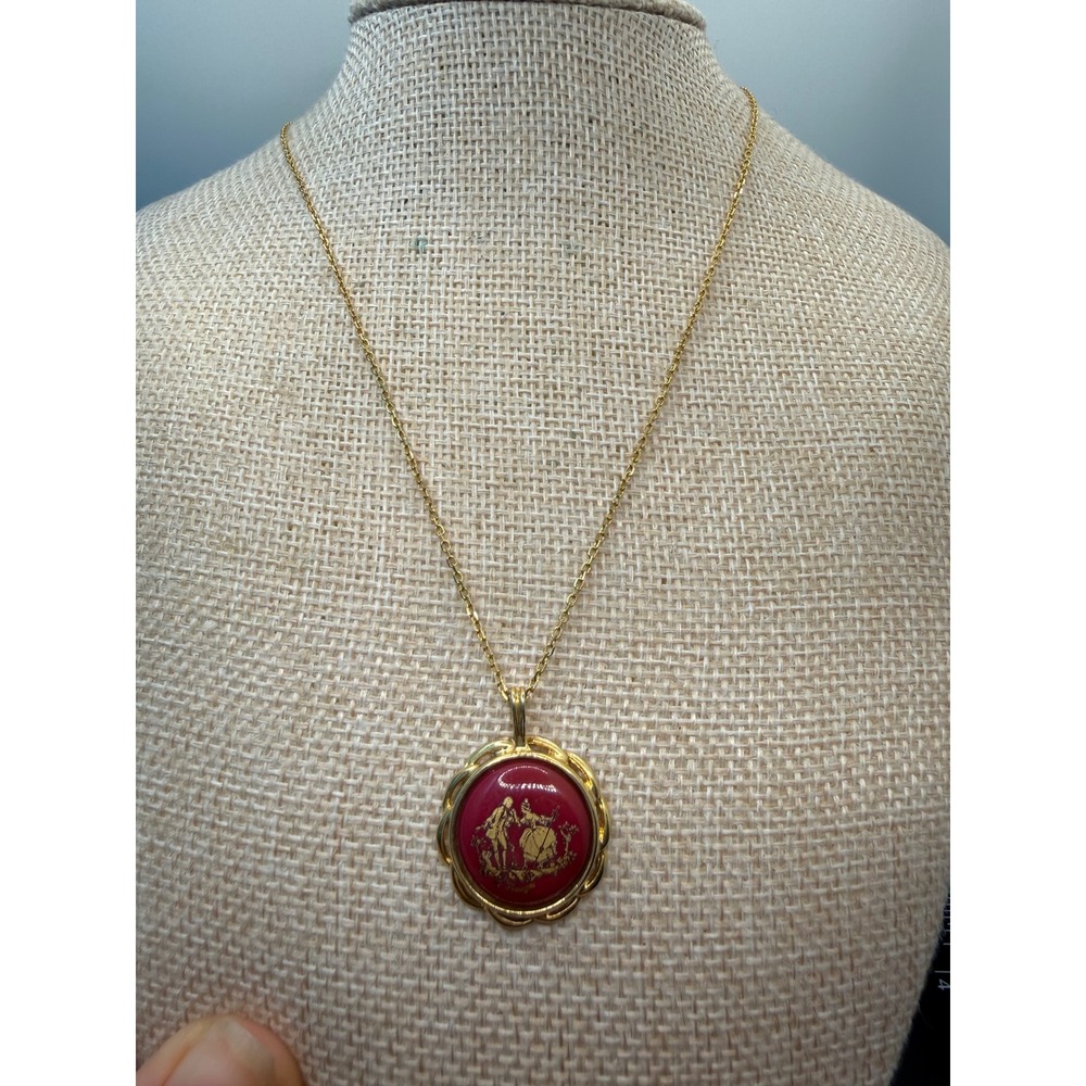 Limoges Castel France Porcelain Necklace Burgundy Gold Courting Couple Pendant
